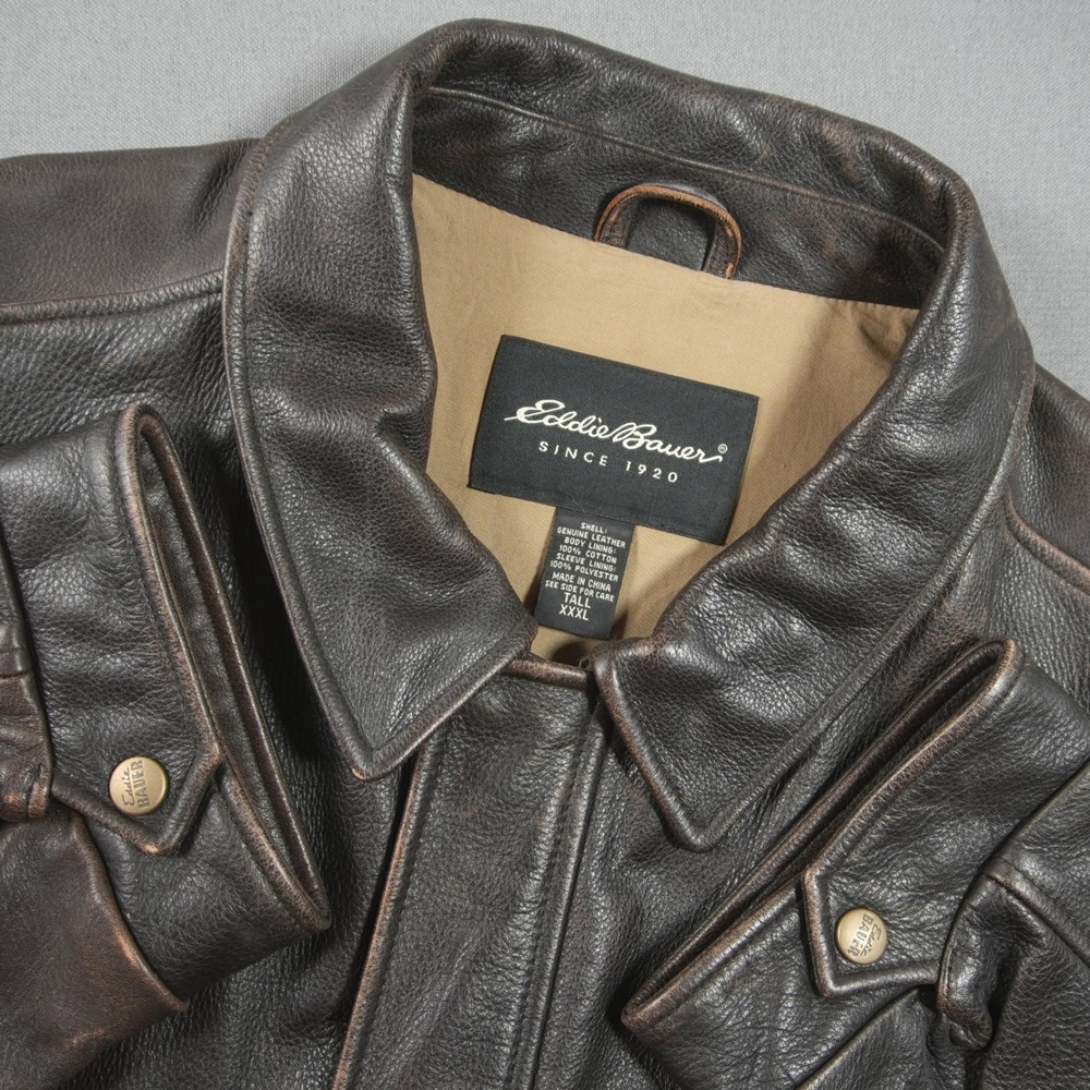 Eddie Bauer Bomber Leather Men Jacket 3XL Tall Aviator Heavyweight Flight Brown